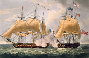 La Clorinden valloitus 26. helmikuuta 1814, Thomas Sutherlandin kaiverrus J. Jenkinsin teosta "Naval Achievements" varten, 1816 (värikaiverrus).